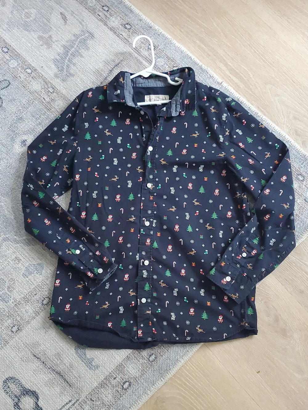 H&M Teen Boys L.O.G.G. Christmas Motif Cotton Button-Down Shirt Sz13-14y